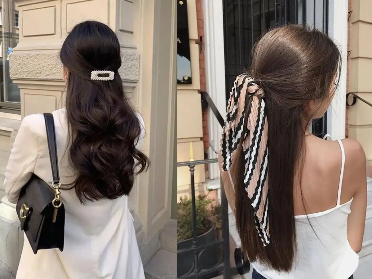Kiểu tóc búi nửa đầu kết hợp uốn lơi tạo sự nữ tính, duyên dáng