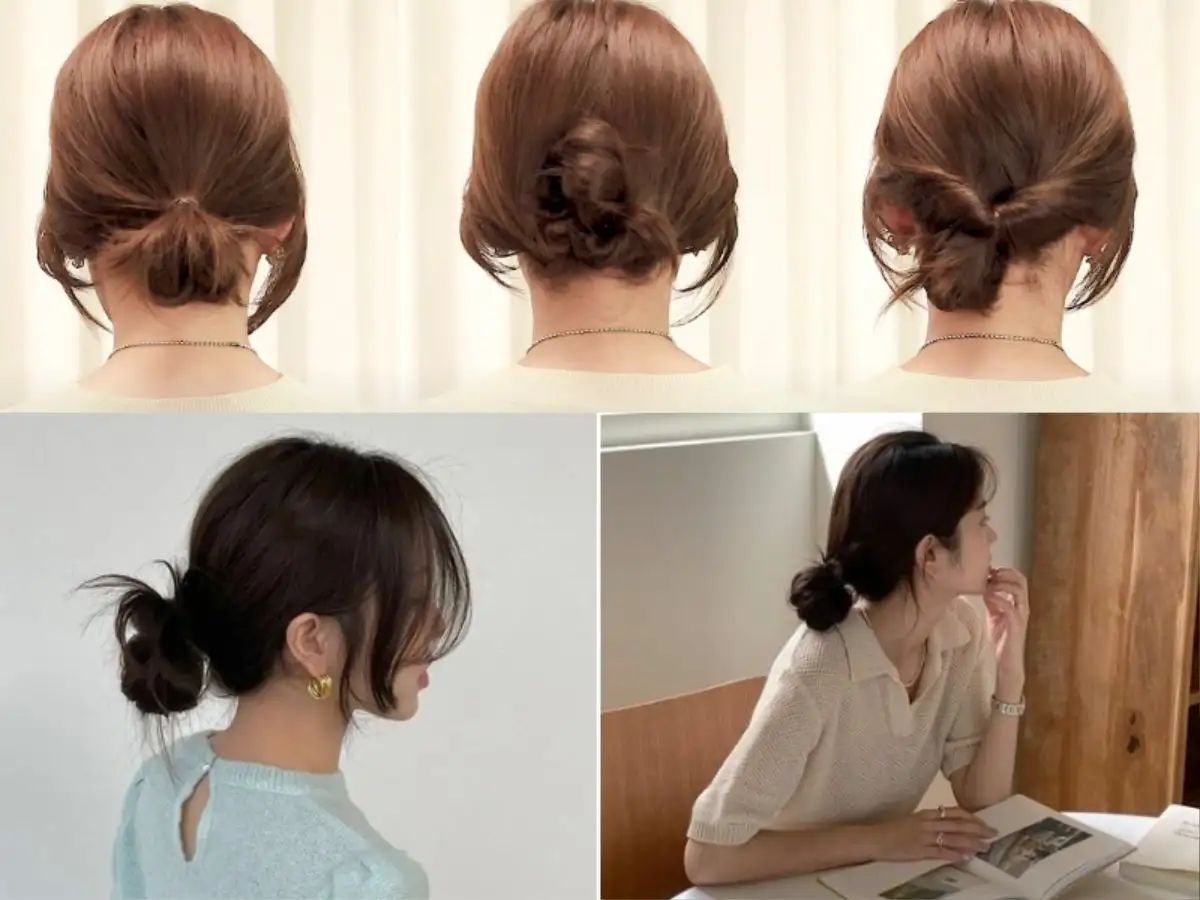 Kiểu tóc búi thấp lơi, có độ phồng và vài lọn tóc uốn nhẹ buông lơi