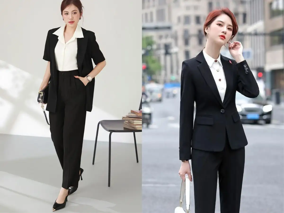 Suit cùng kiểu tóc búi thấp sleek cá tính