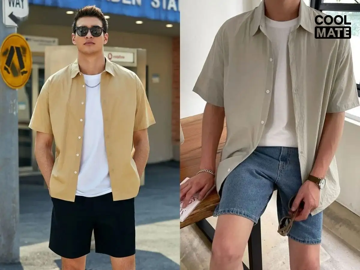 Layer sơ mi khoác ngoài áo thun và quần short tạo phong cách năng động, cá tính, thích hợp cho dạo phố và hoạt động ngoài trời
