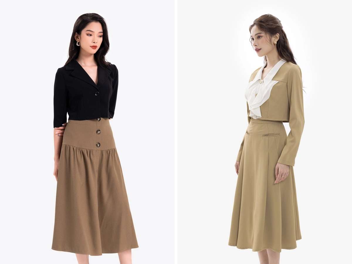 Chọn chân váy xòe hoặc midi khi đi làm văn phòng 