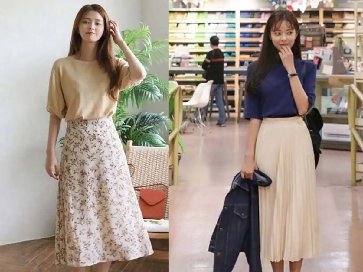 Đây chắc chắn là cách phối đồ với chân váy dài vintage đơn giản và an toàn nhất