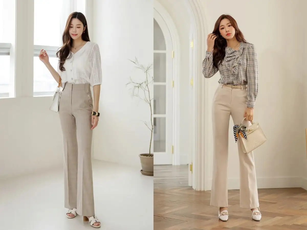 Phối quần tây ống rộng nữ cho người dáng cao