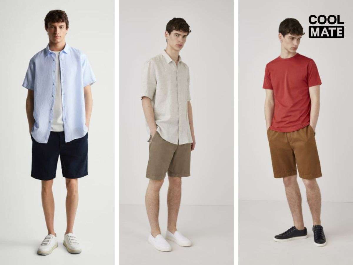 Phối màu tương phản hoặc ton-sur-ton tạo điểm nhấn và nâng tầm outfit, như sơ mi xanh coban với short cam nhạt hoặc sơ mi xanh biển nhạt với short xanh navy