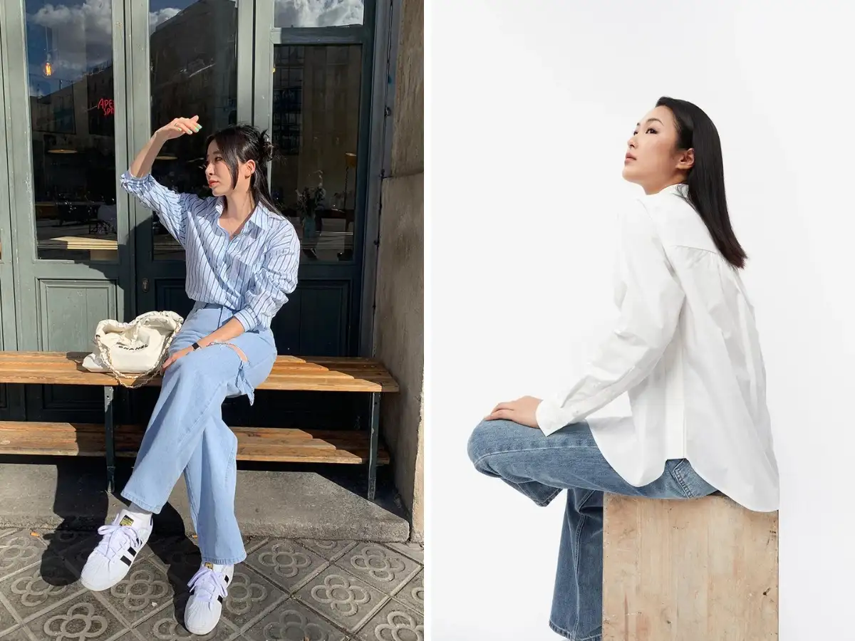Phối áo sơ mi oversize và áo thun form rộng, kết hợp với quần jean
