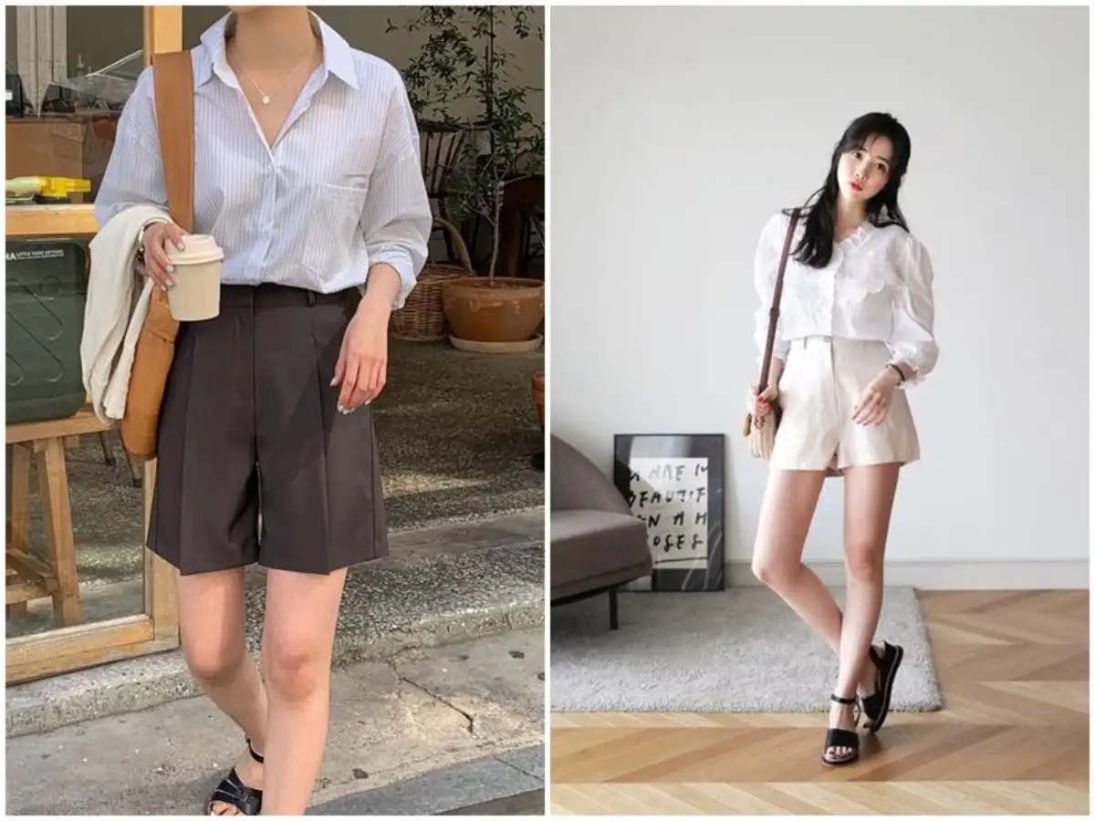 Sơ mi voan mỏng + áo thun croptop + quần short