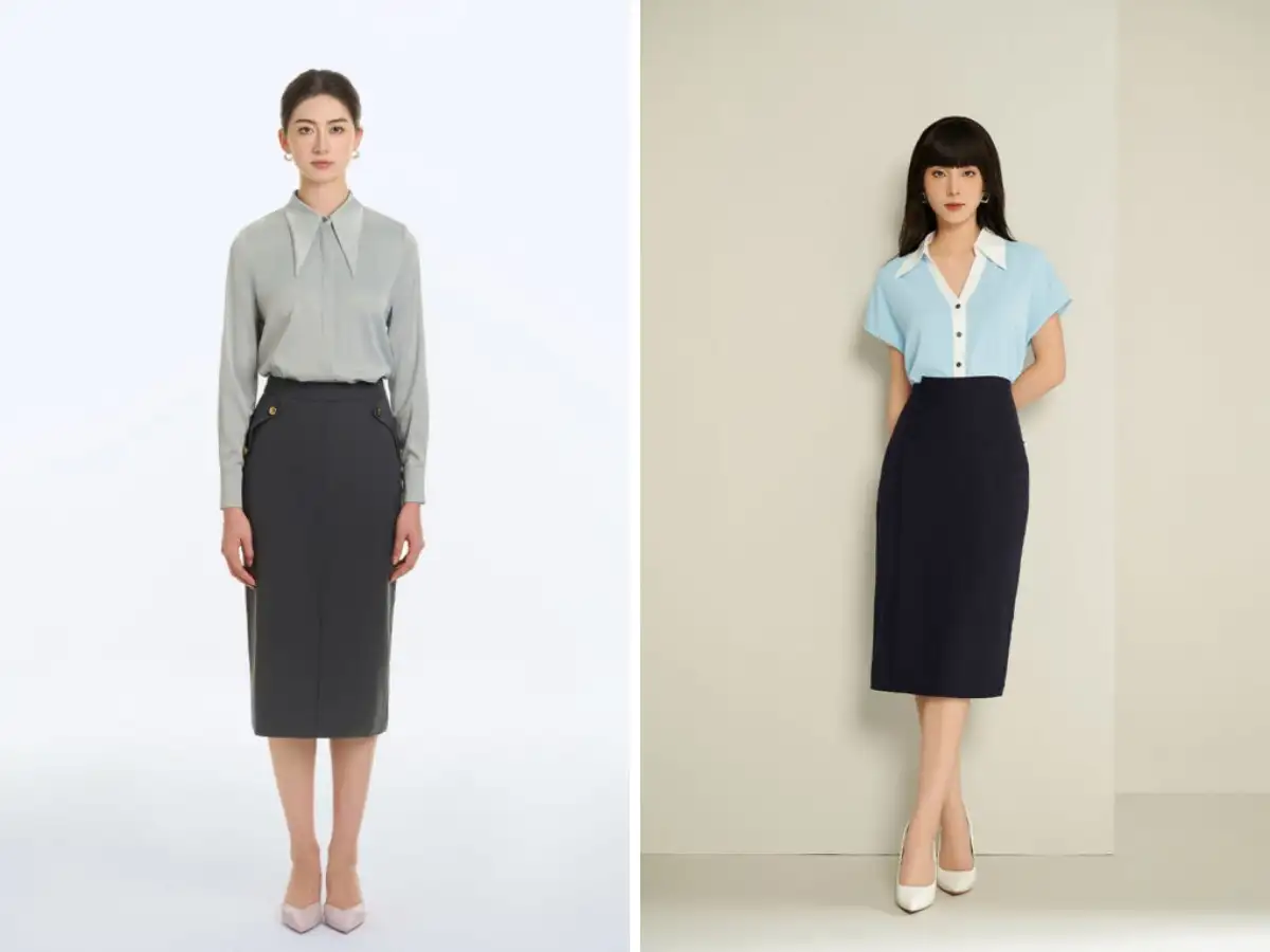 Sơ mi họa tiết + áo thun trơn + chân váy bút chì