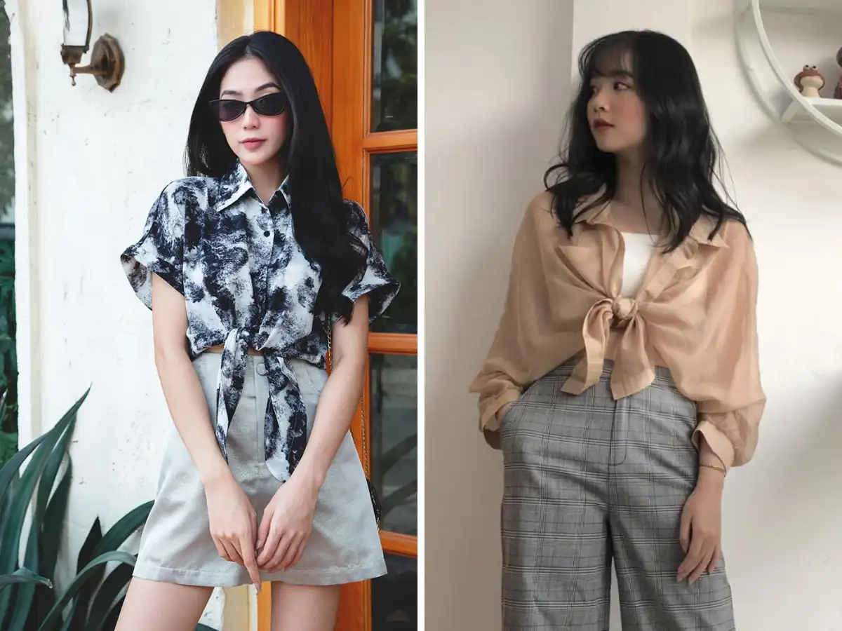 Thử cột áo tà sơ mi thành croptop để tăng vẻ đẹp cá tính