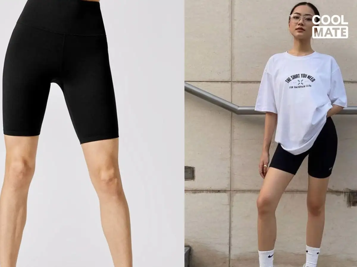 Biker short kết hợp với áo thun oversize, giày sneaker tạo phong cách thể thao năng động, thoải mái.