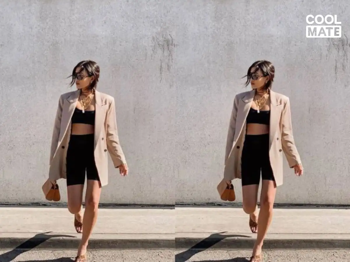 Mặc biker short phối blazer và giày cao gót đi dạo phố
