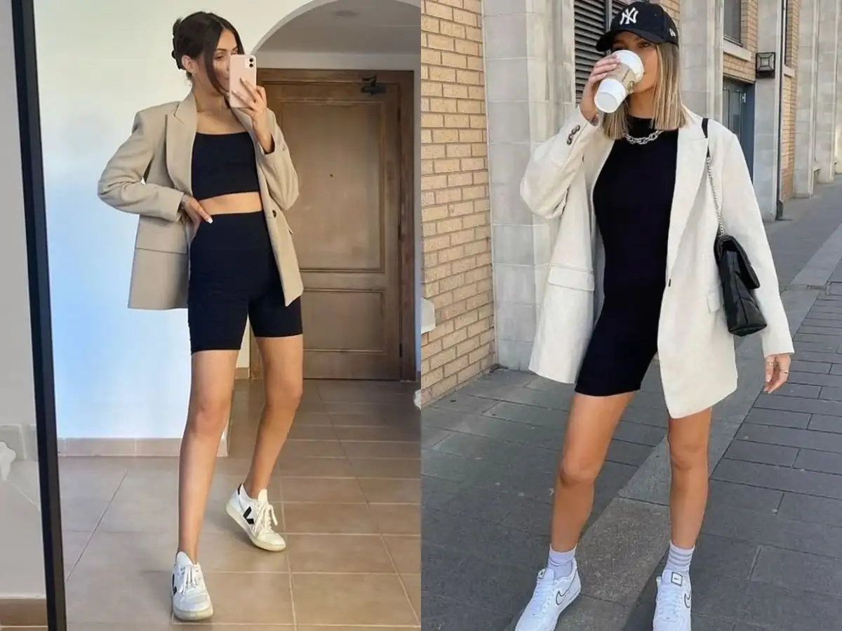 Phối quần biker short cùng áo blazer tạo nên vẻ ngoài vô cùng sành điệu