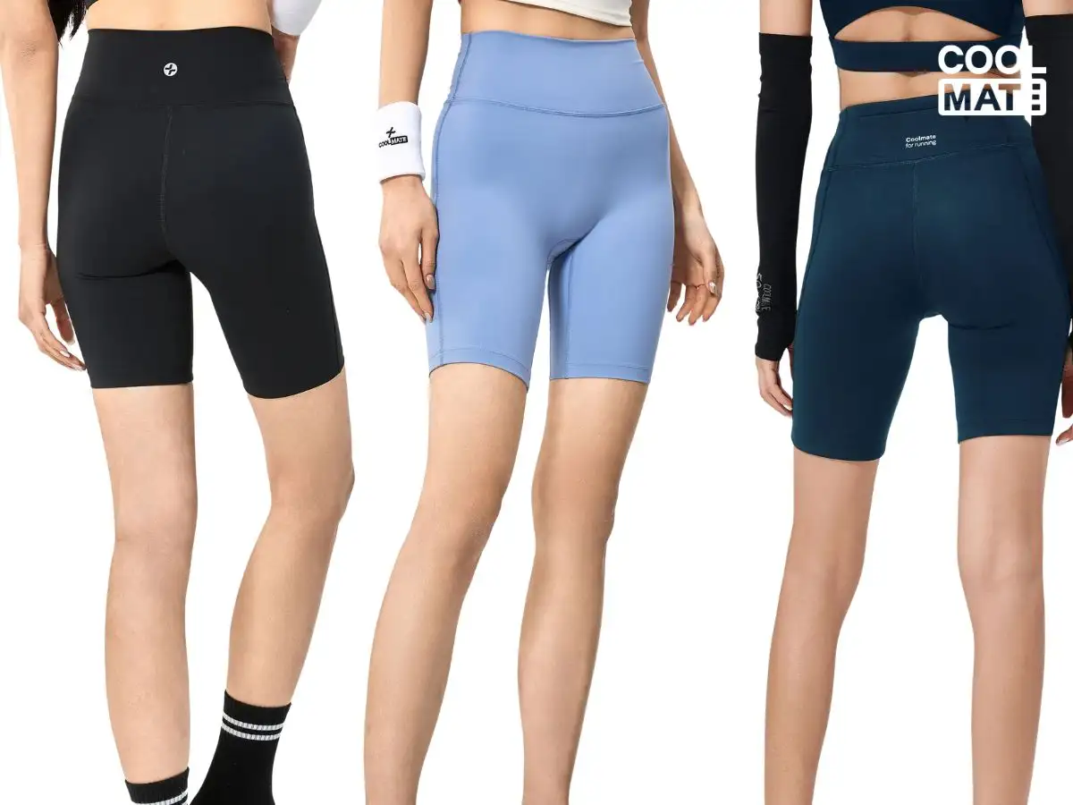 Quần biker short ôm sát cơ thể, dài ngang hoặc trên đầu gối, làm từ chất liệu co giãn như Spandex, Nylon, Polyester, mang lại sự thoải mái khi vận động