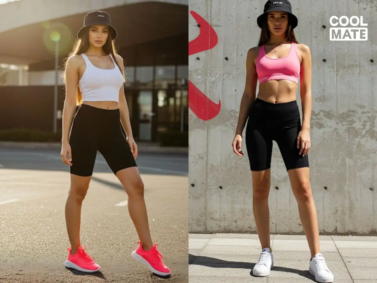 Phong cách năng động thể thao: Biker short + áo bra + sneaker + mũ lưỡi trai/bucket