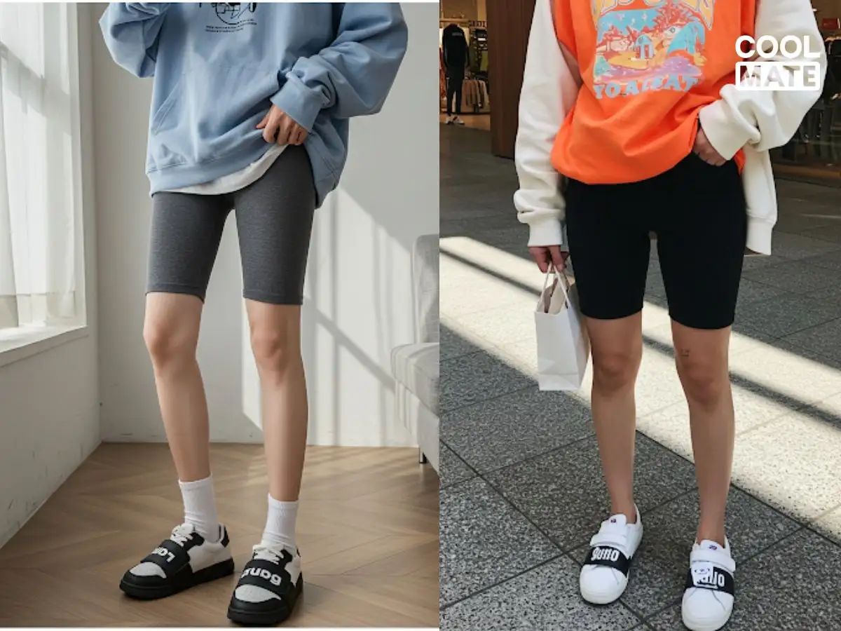 Phong cách thoải mái hàng ngày: Biker short + áo thun oversized + sneaker/dép lê + túi tote