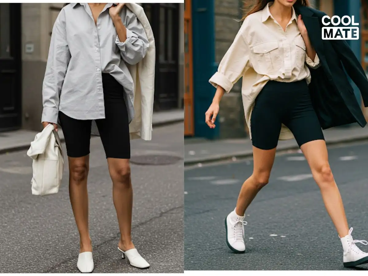 Phong cách thanh lịch bất ngờ: Biker short + áo sơ mi/blazer + giày sneaker/mules + túi xách nhỏ