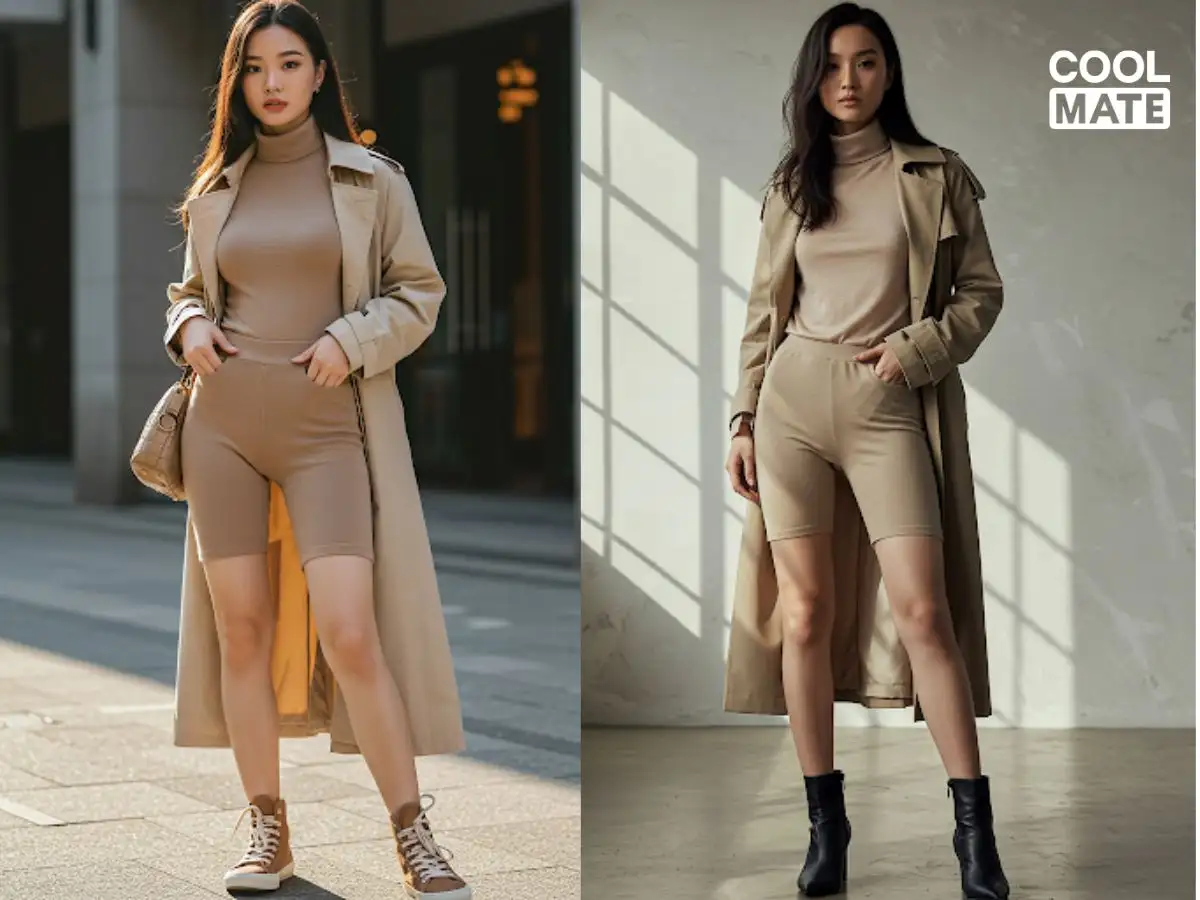 Phong cách layering ấm áp: Biker short + áo len/áo thun dài tay + áo khoác dài + boots cao cổ/sneaker cổ cao
