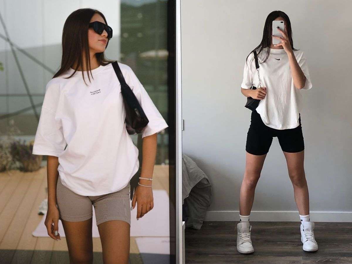 Phối quần biker short cùng áo thun vẫn luôn là kiểu phối đồ cơ bản và linh hoạt nhất