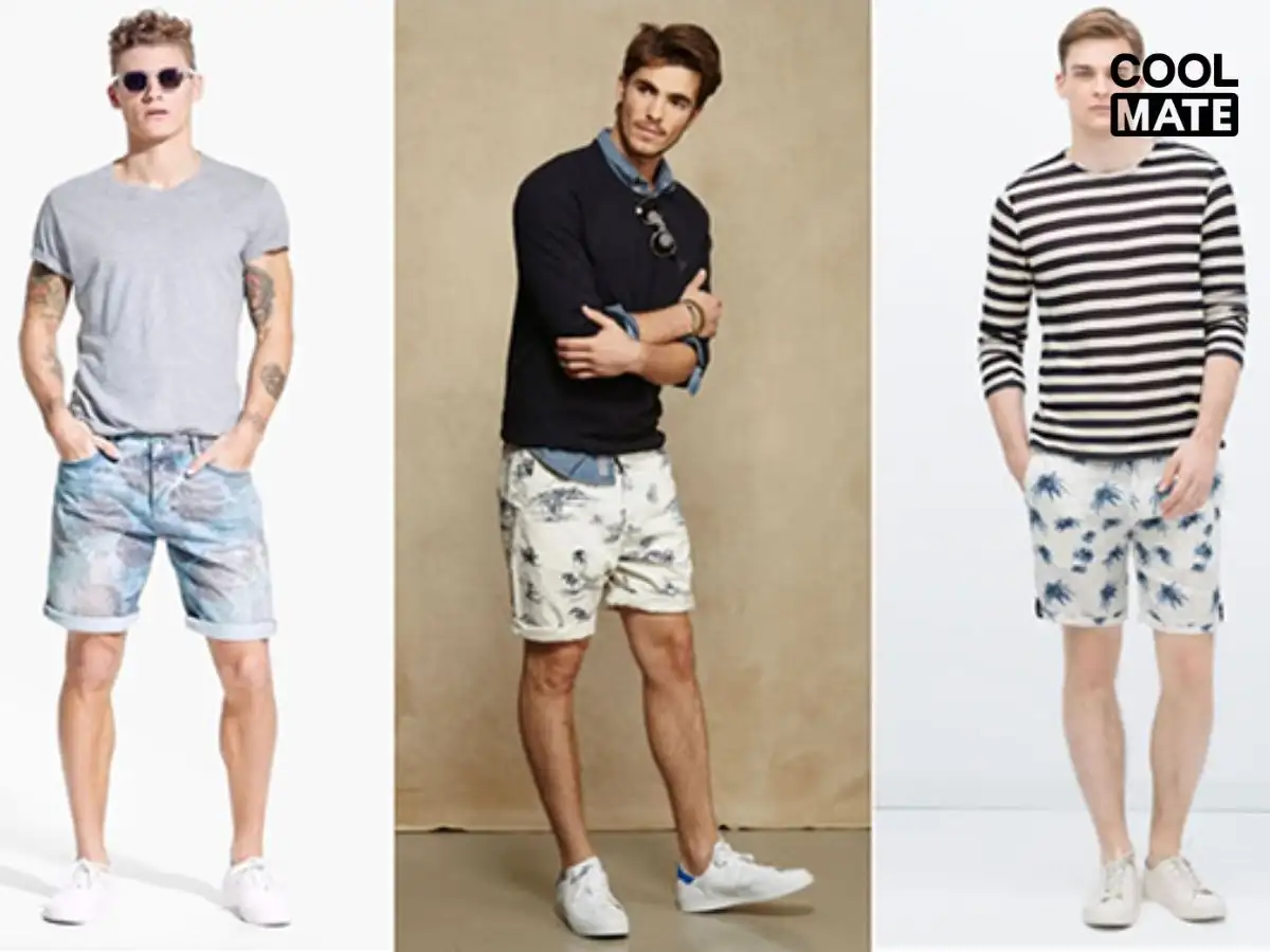 Quần short họa tiết phối áo sơ mi trơn tạo phong cách nổi bật, độc đáo, kết hợp màu áo cơ bản với họa tiết quần để tạo sự cân bằng