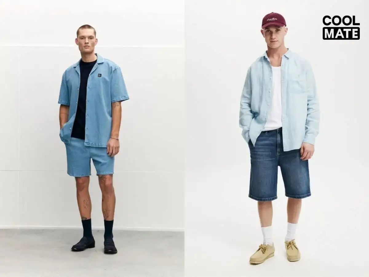 Quần short jeans phối áo sơ mi tạo phong cách bụi bặm, trẻ trung, kết hợp với sơ mi flannel, denim hoặc trơn màu để thêm cá tính