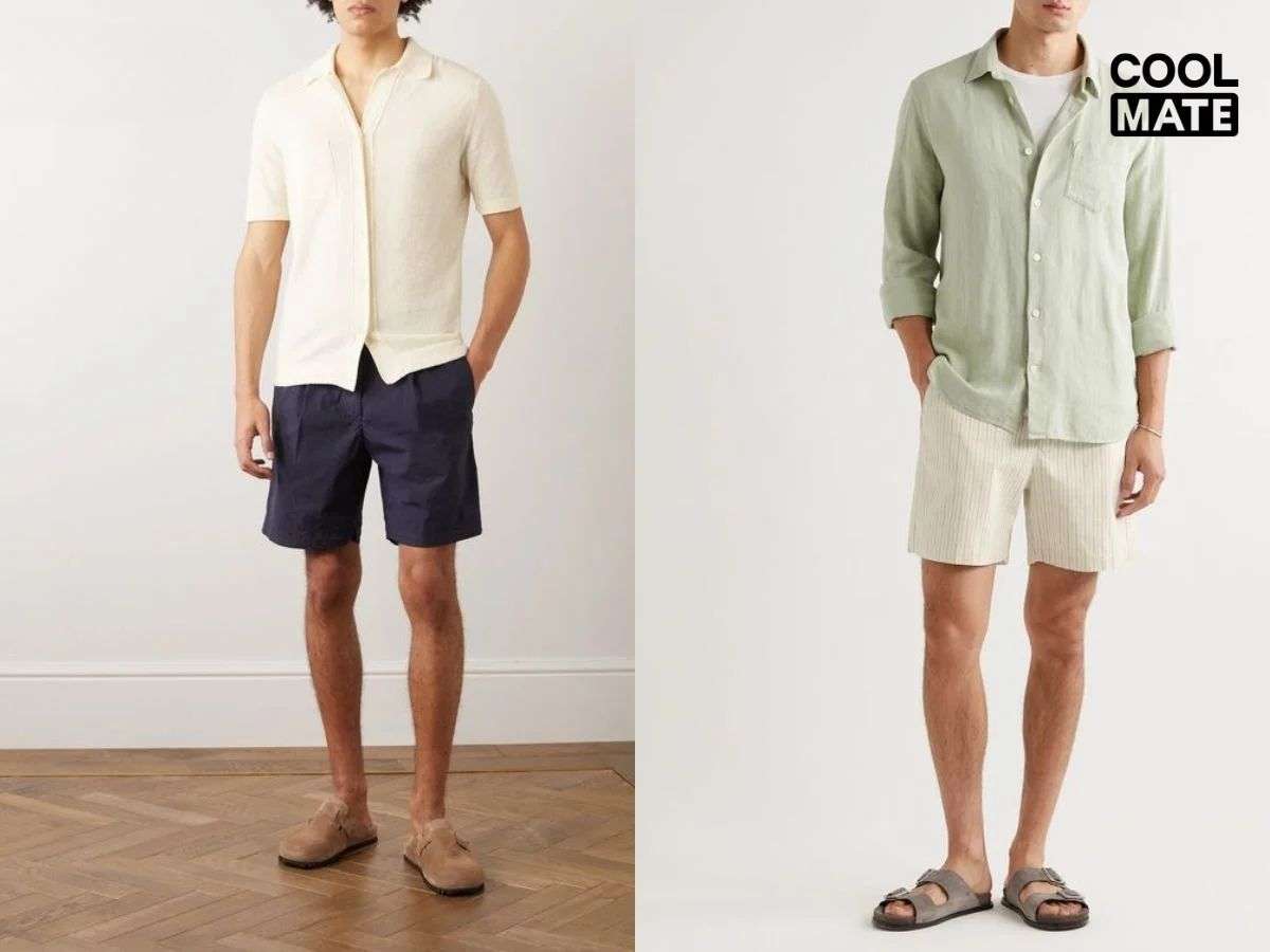 Quần short kaki/chinos phối áo sơ mi tạo phong cách smart-casual lịch sự vừa phải, dễ phối với màu sắc như be, xanh navy, xám, trắng, hoặc xanh olive