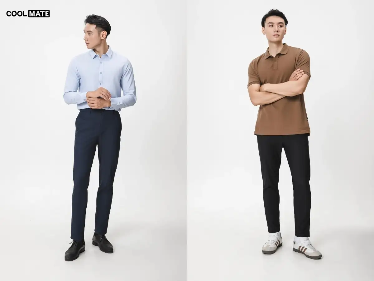 Quần tây nam đẹp nhất khi có độ dài vừa chạm hoặc che phủ phần trên của giày công sở