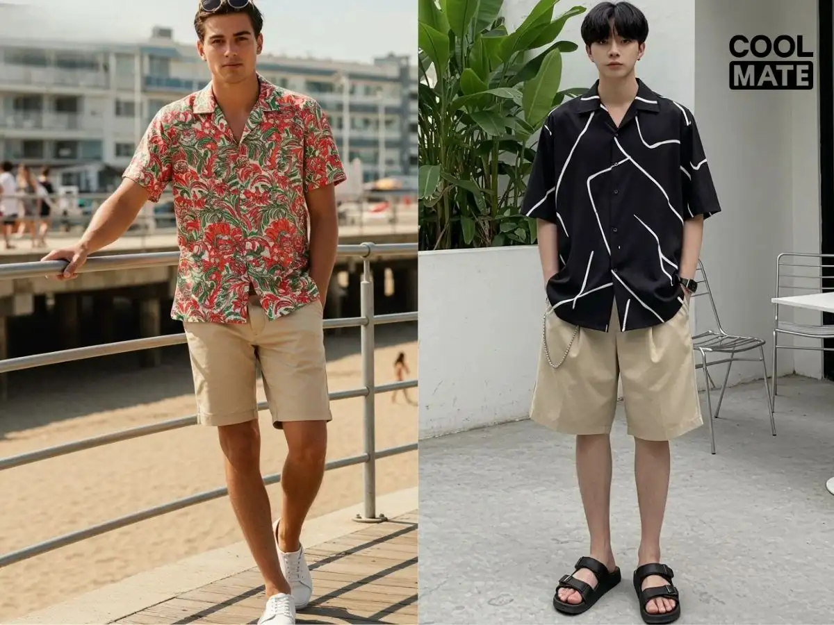 Sơ mi họa tiết phối quần short trơn tạo điểm nhấn mùa hè, chọn màu quần trùng với một trong các màu trên họa tiết áo để tạo sự hài hòa
