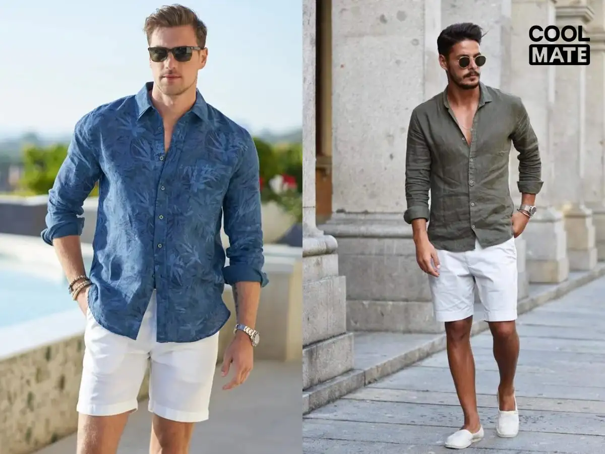 Sơ mi tay dài phối quần short tạo vẻ lịch lãm, phóng khoáng, thích hợp cho dạo biển hoặc tiệc ngoài trời, chọn chất liệu mềm mại và xắn tay áo để thêm thoải mái