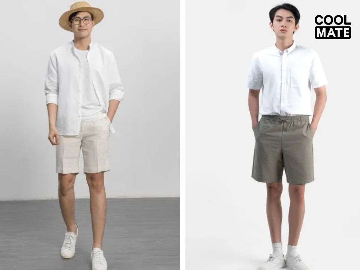 Sơ mi trắng phối quần short tạo phong cách thanh lịch, sáng sủa, dễ phối với nhiều màu sắc, hoàn thiện với giày lười, giày thuyền hoặc sneaker trắng