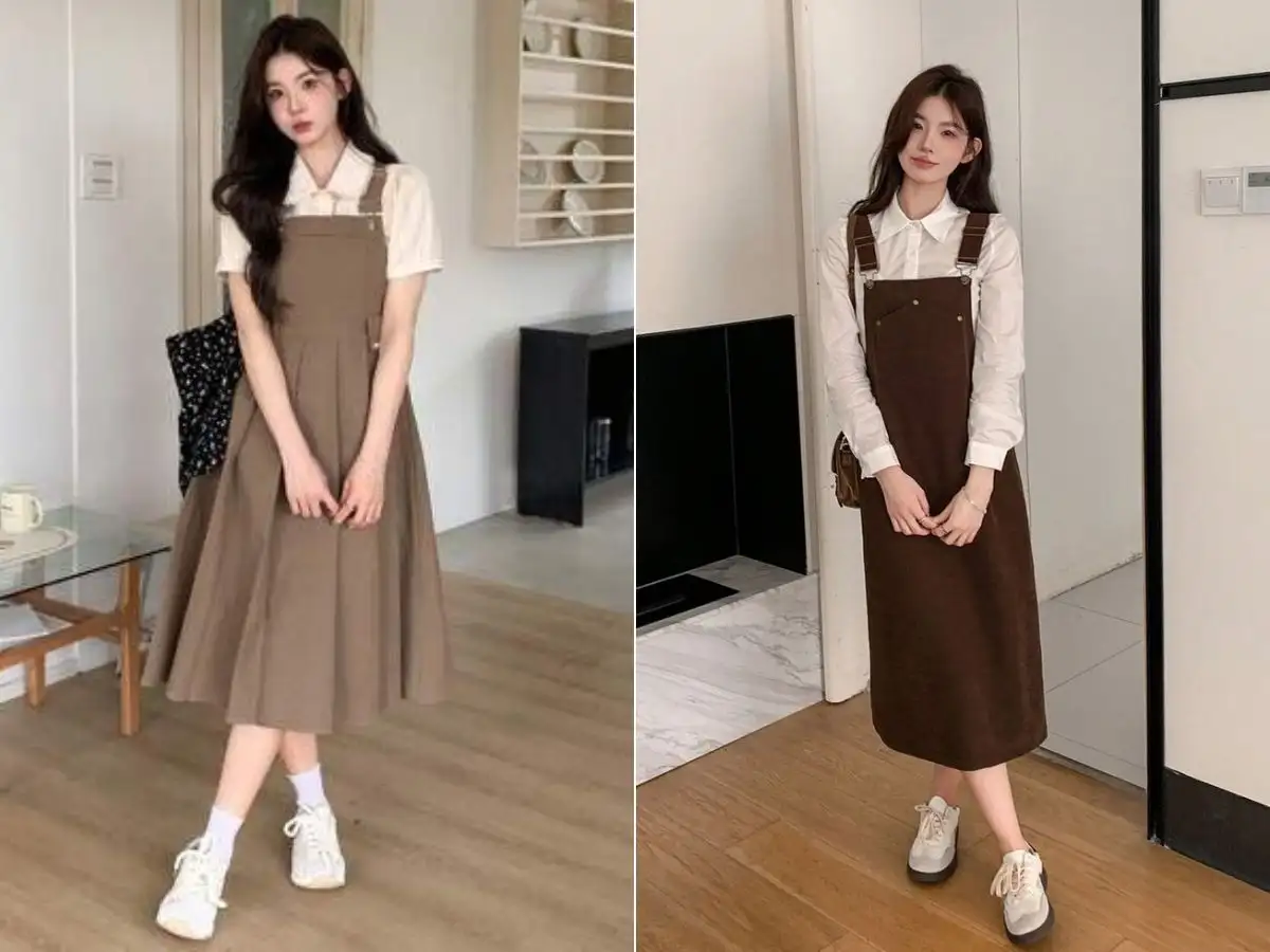 Outfit dạo phố với váy yếm công sở