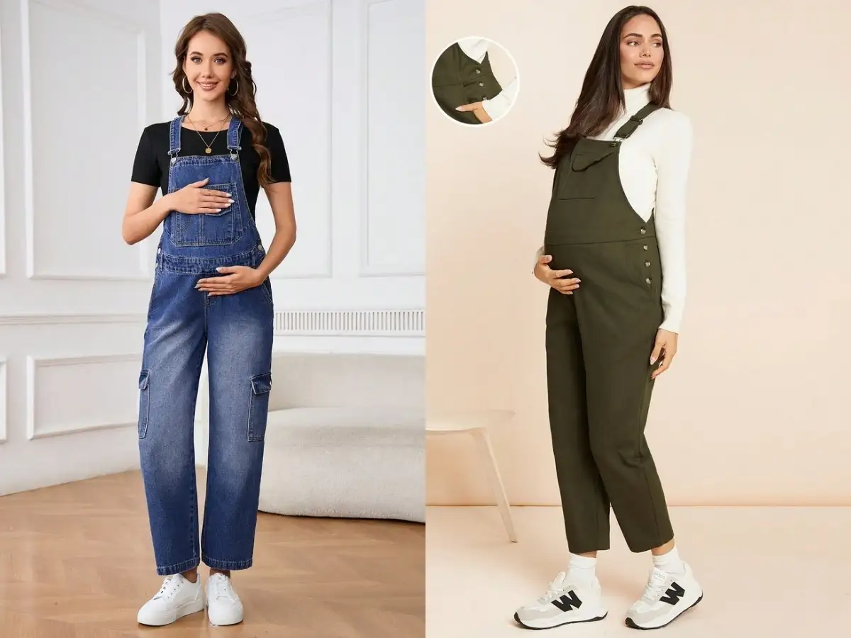 Yếm bầu công sở làm từ chất liệu jean hoặc kaki mang lại sự cá tính và năng động cho phong cách mẹ bầu đi làm