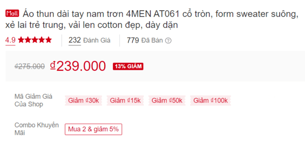 Giá của mẫu Áo thun dài tay nam trơn 4Men