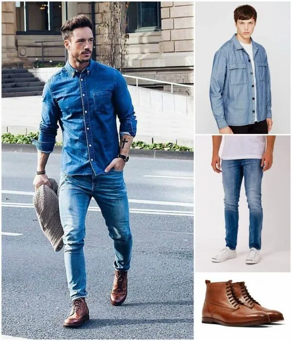 Giày cao cổ phối áo khoác jeans. Nguồn: internet