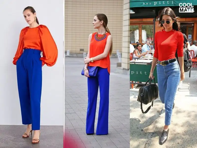 Phối quần xanh dương với áo cam tạo nên phong cách color block ấn tượng