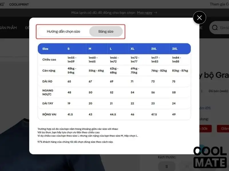 Bảng size áo thể thao Coolmate