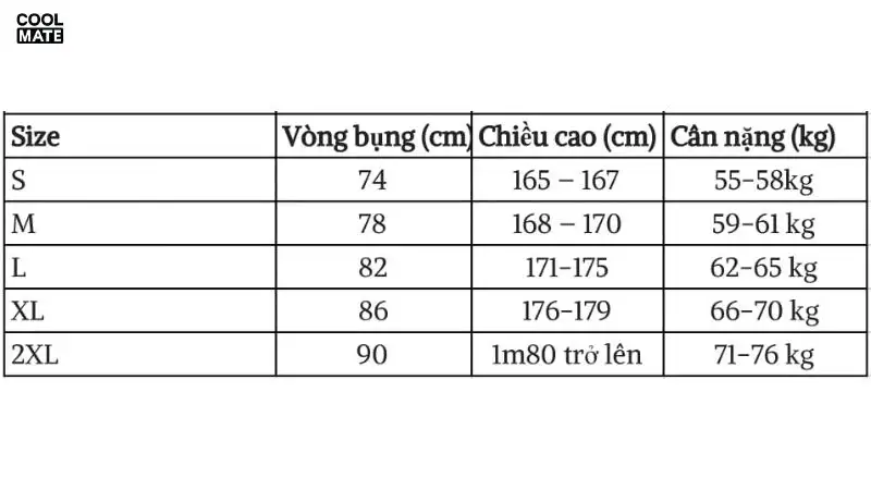 Bảng size dựa vào chiều cao, cân nặng và vòng bụng