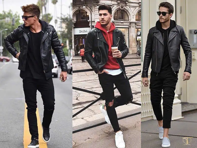 Phối quần baggy jean với áo khoác da