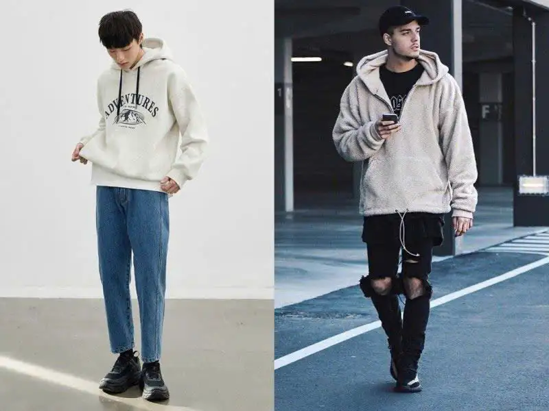 Quần jean đen + áo hoodie/sweater màu sáng