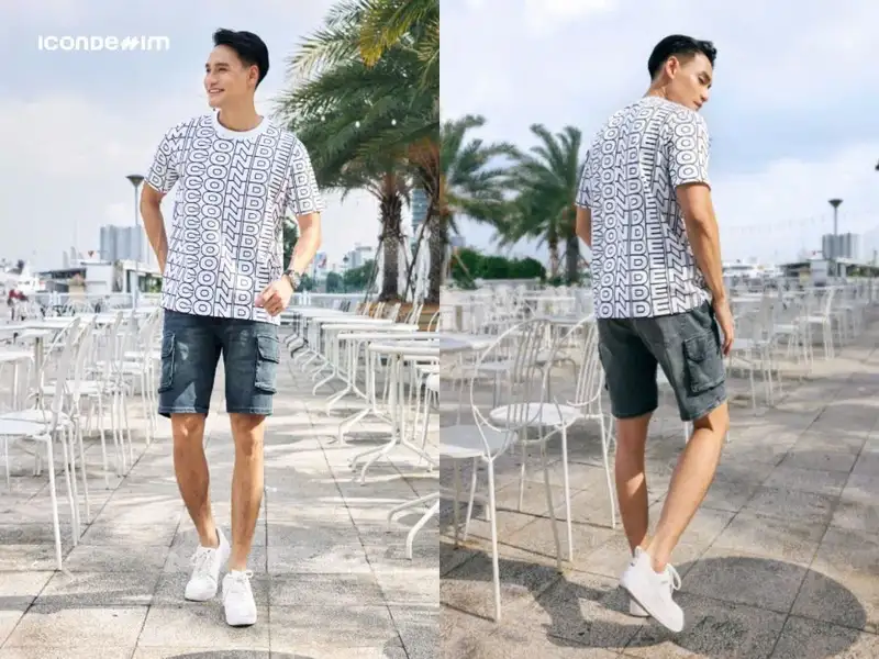 Quần short jean + áo thun họa tiết