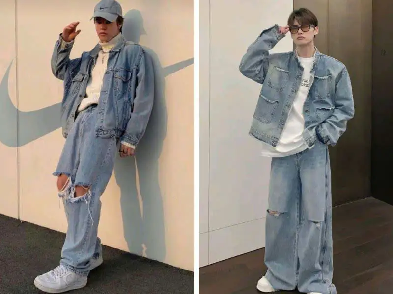 baggy jean cùng áo phông trắng và khoác Jeans