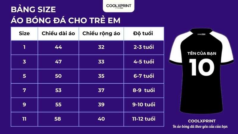 Bảng size áo bóng đá dành cho trẻ em