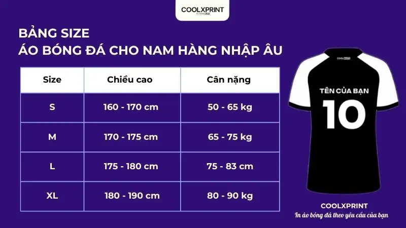 Bảng size áo bóng đá cho nam hàng nhập Châu Âu