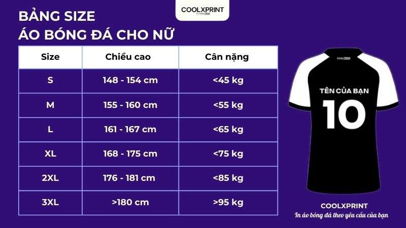 Bảng size áo bóng đá cho nữ