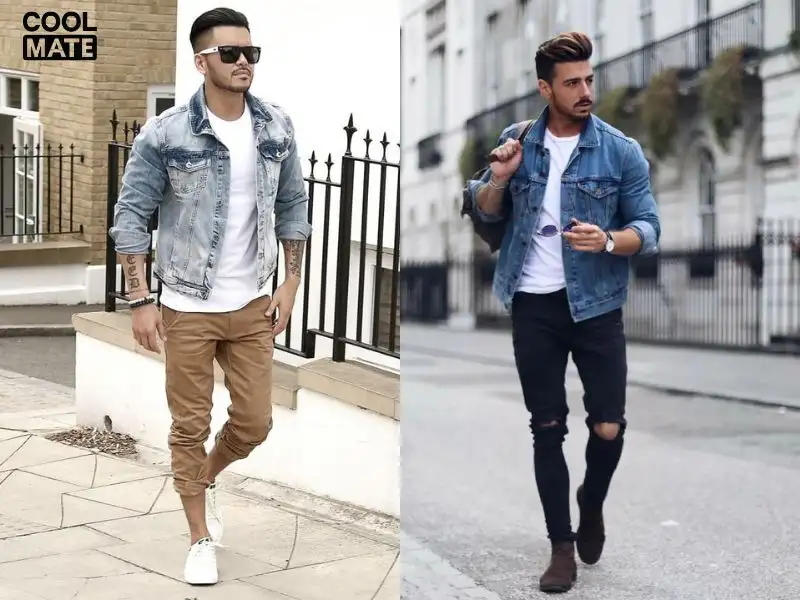 Áo thun phối cùng áo khoác denim