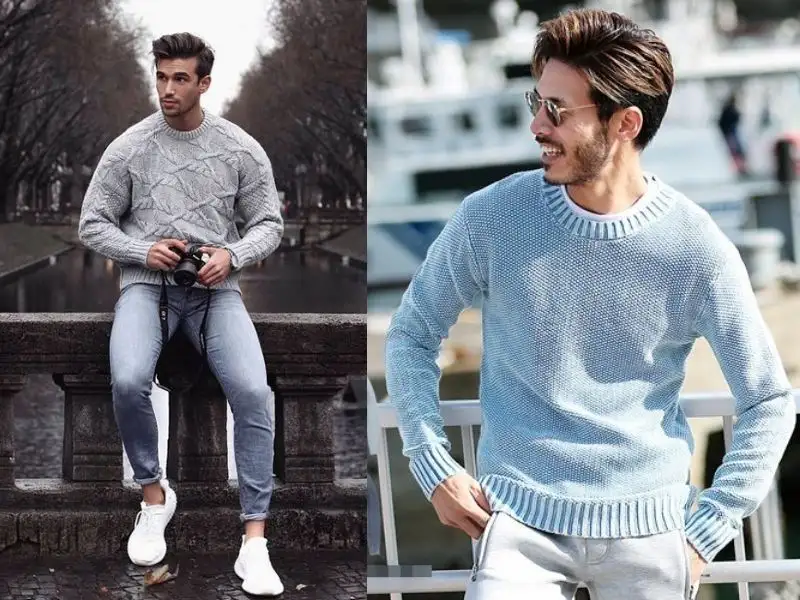 Phối áo len cổ tròn với quần jeans cho nam gầy