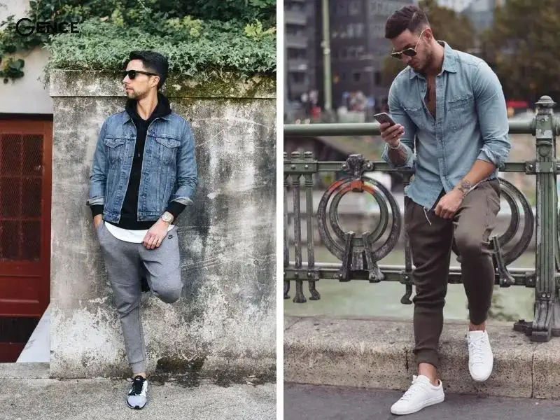 Phối áo khoác denim với quần jogger cho nam gầy