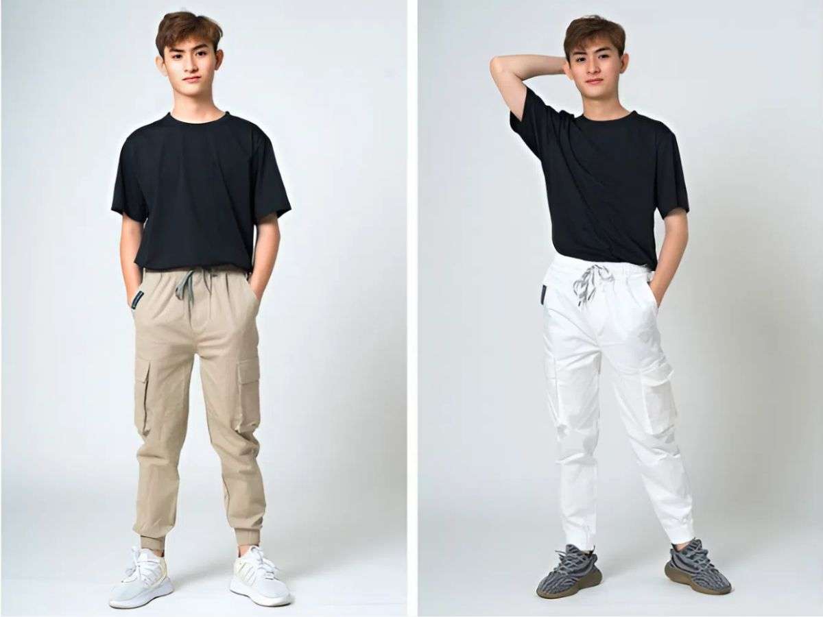 Áo thun đen mix với quần jogger nâu cá tính 
