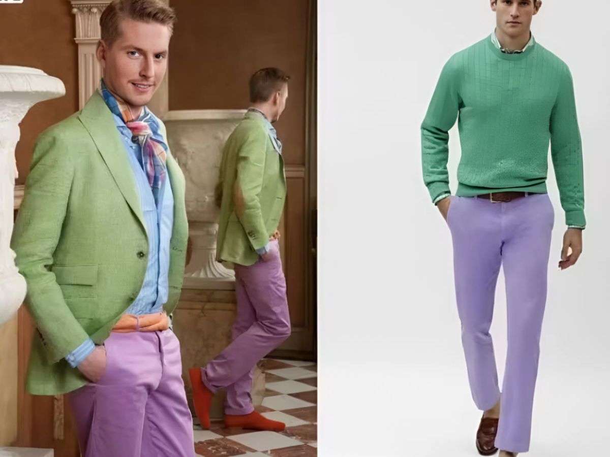 Áo len hoặc áo khoác xanh lục mix quần âu màu tím pastel giúp chàng thêm hoàn hảo và cuốn hút