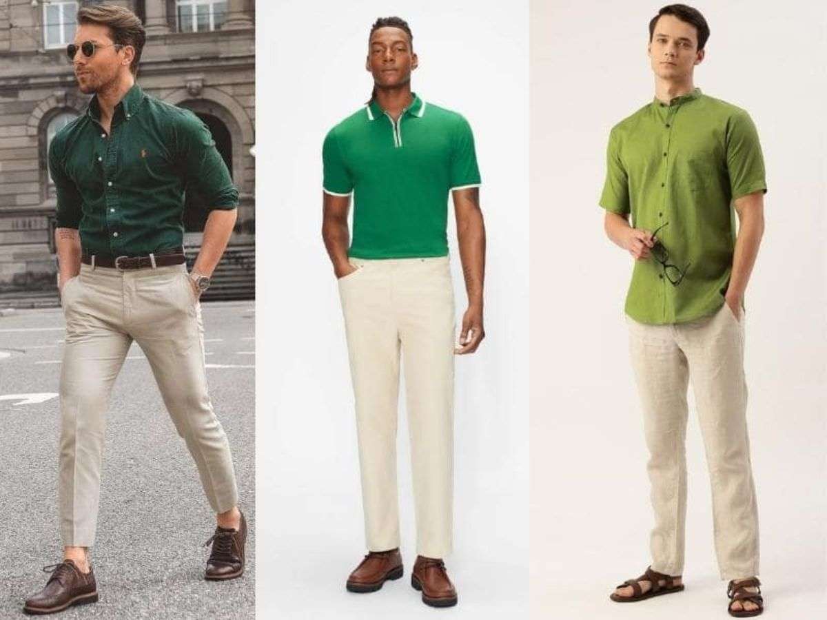 Không có gì nhã nhặn và đẹp mắt hơn set áo sơ mi xanh lục mix quần kaki be