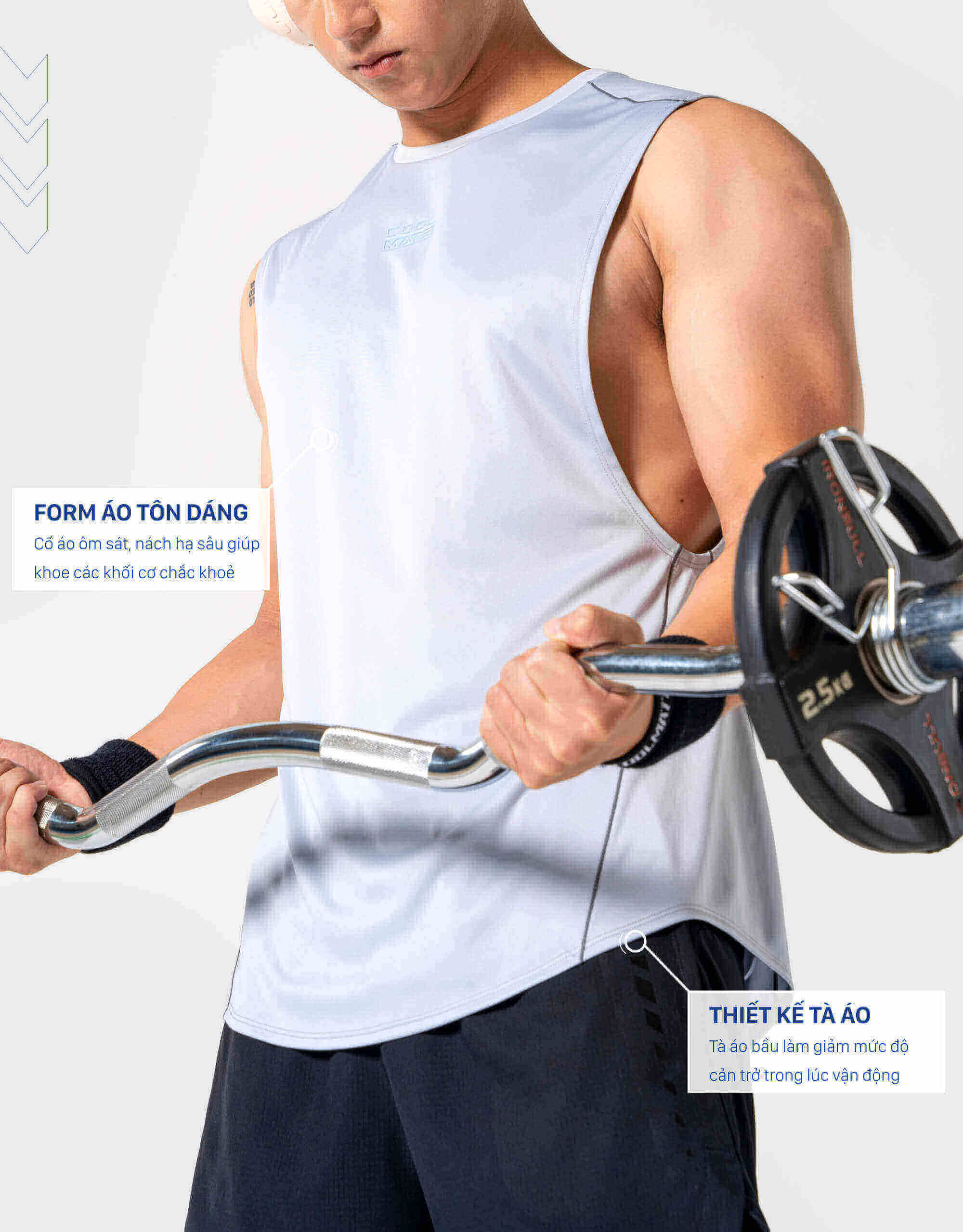 Áo gym Drop Arm Coolmate với form tôn dáng và thiết kế tà bầu hỗ trợ vận động