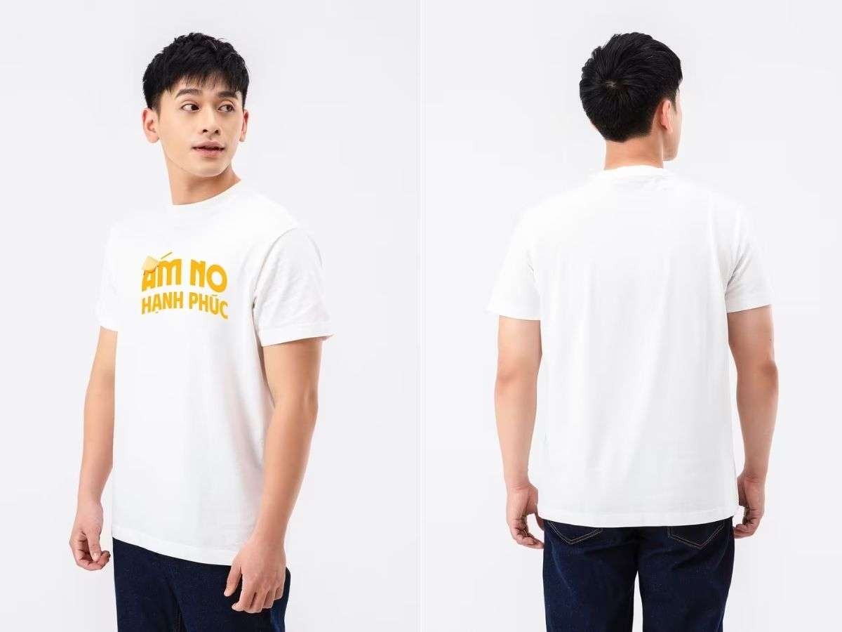 Mẫu áo thun yêu nước với hình ảnh nón lá và slogan Ấm No Hạnh Phúc